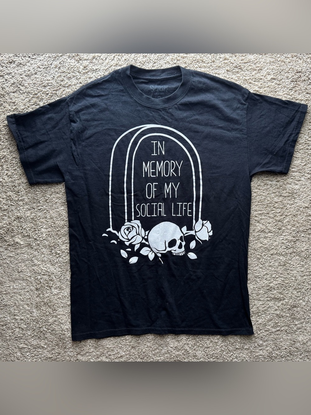 Spencer’s In Memory of My Social Life Skull Graphic T-Shirt Black Medium